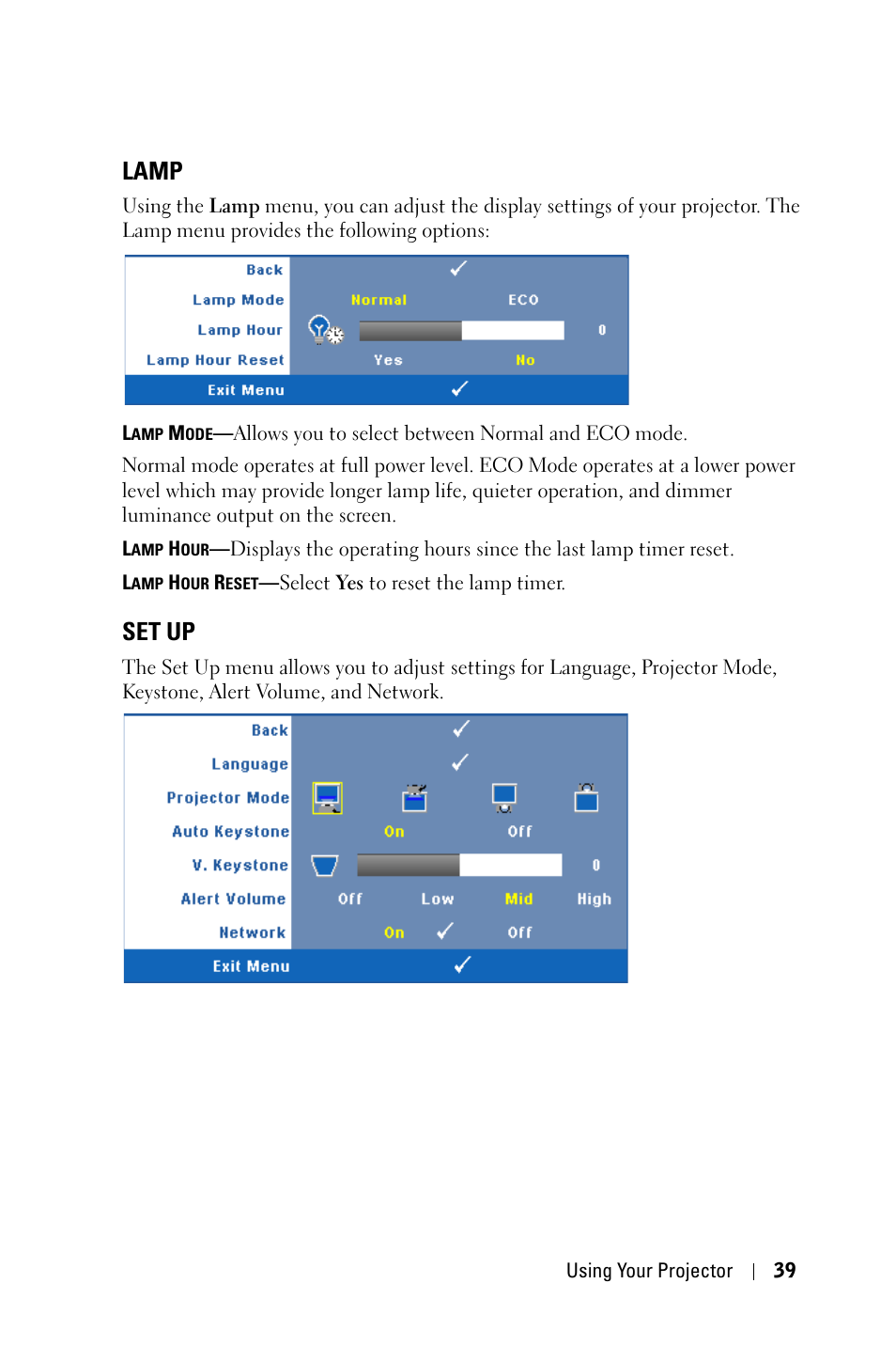 Lamp, Set up | Dell 4210X Projector User Manual | Page 39 / 81