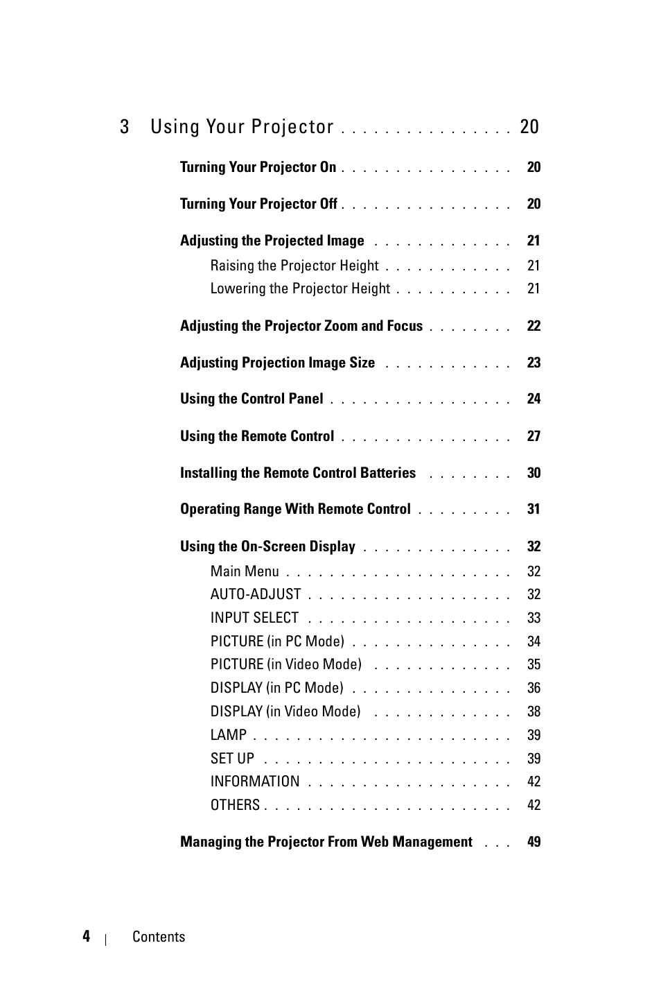 3 using your projector 20, 3 using your projector | Dell 4210X Projector User Manual | Page 4 / 81