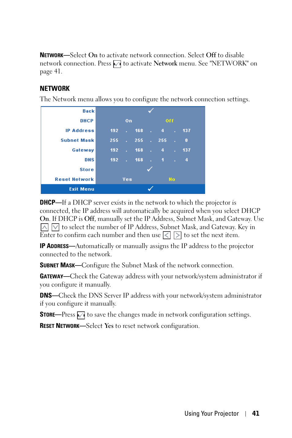 Network | Dell 4210X Projector User Manual | Page 41 / 81