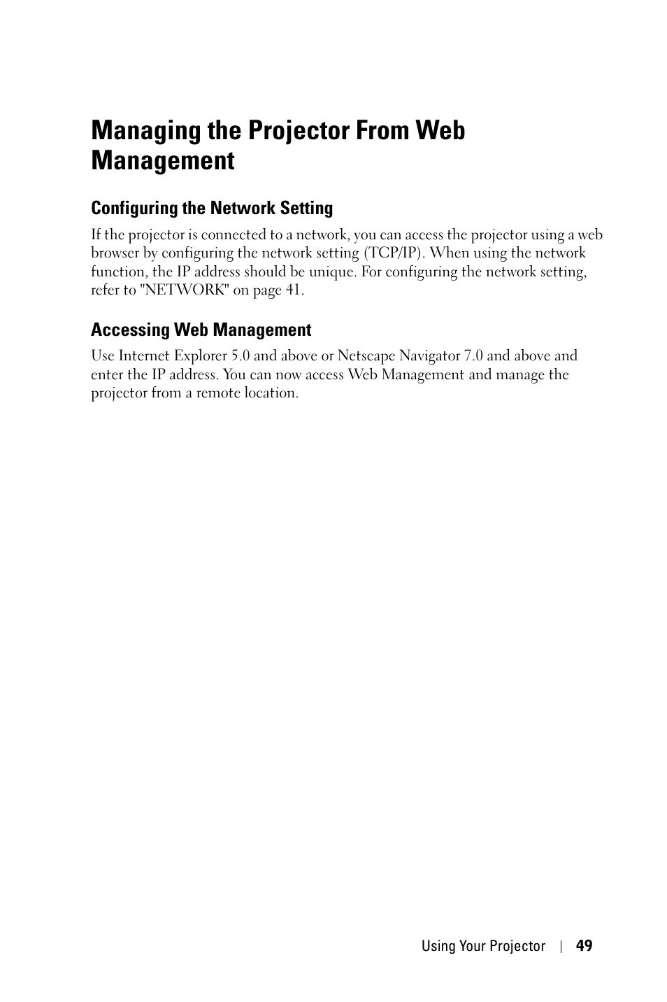 Managing the projector from web management, Configuring the network setting, Accessing web management | Dell 4210X Projector User Manual | Page 49 / 81