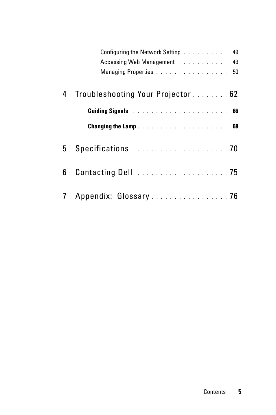 4 troubleshooting your projector 62, 5 specifications 70, 6 contacting dell 75 | 7 appendix: glossary 76, 4 troubleshooting your projector, 5 specifications, 70 6 contacting dell, 75 7 appendix: glossary | Dell 4210X Projector User Manual | Page 5 / 81