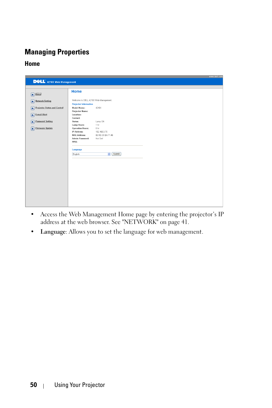 Managing properties, Home | Dell 4210X Projector User Manual | Page 50 / 81