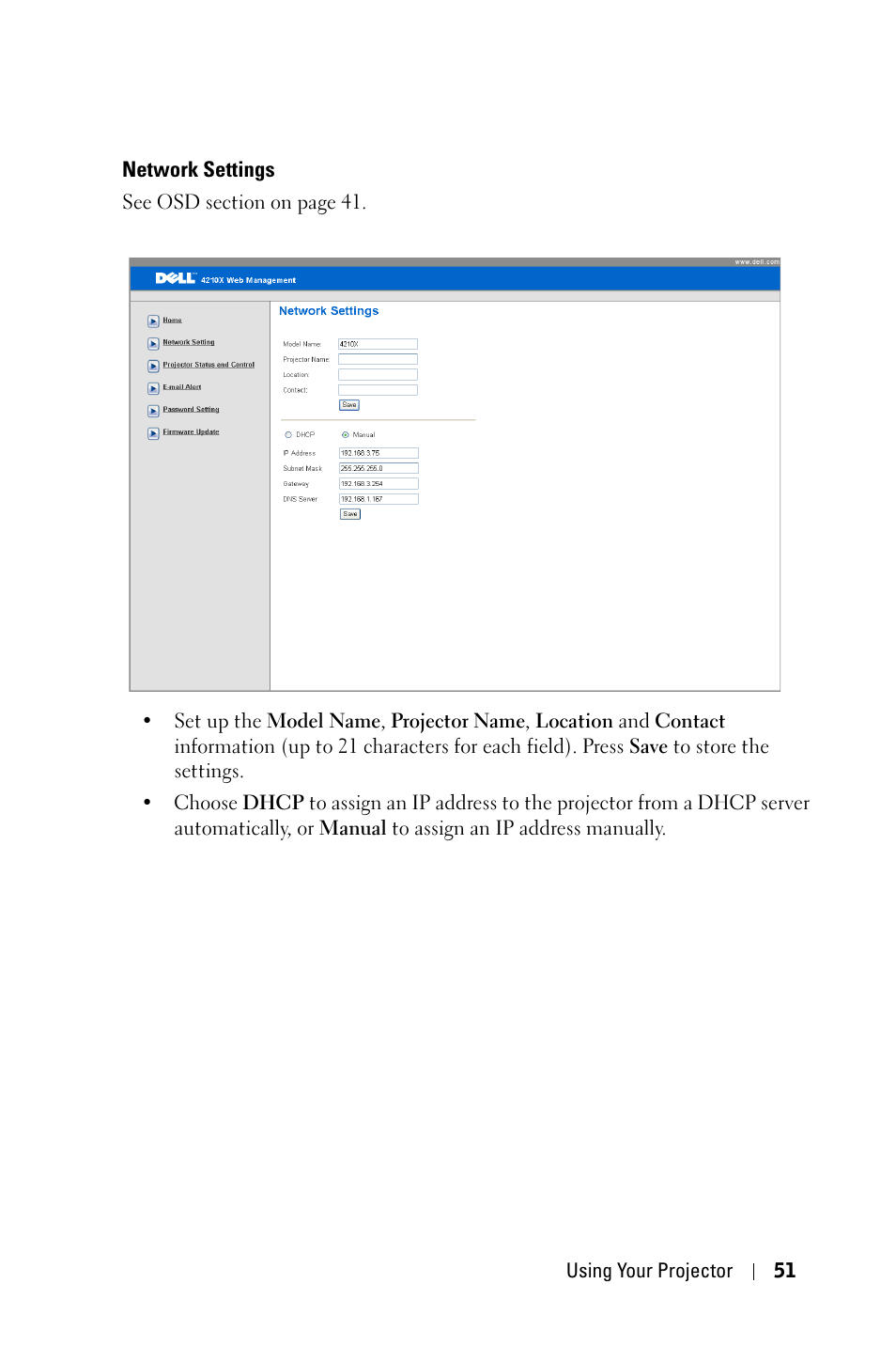 Network settings | Dell 4210X Projector User Manual | Page 51 / 81