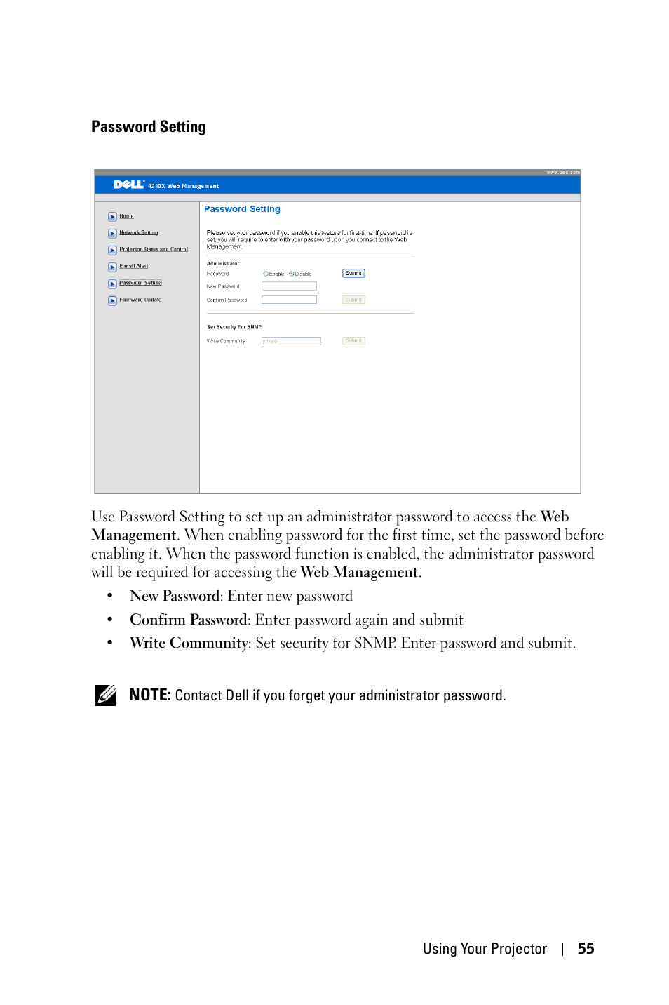 Password setting | Dell 4210X Projector User Manual | Page 55 / 81