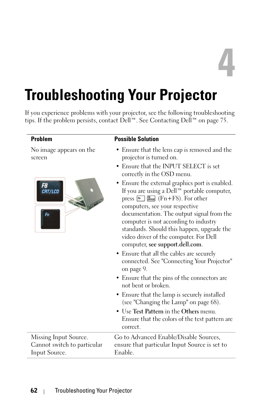 Troubleshooting your projector, See "troubleshooting your | Dell 4210X Projector User Manual | Page 62 / 81