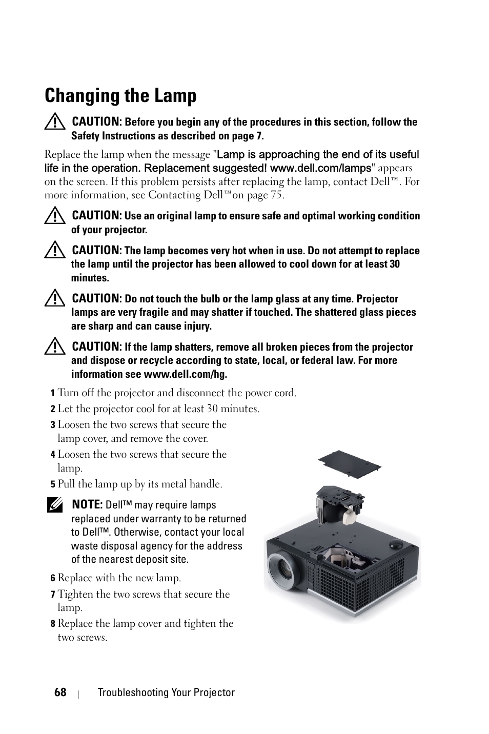 Changing the lamp | Dell 4210X Projector User Manual | Page 68 / 81