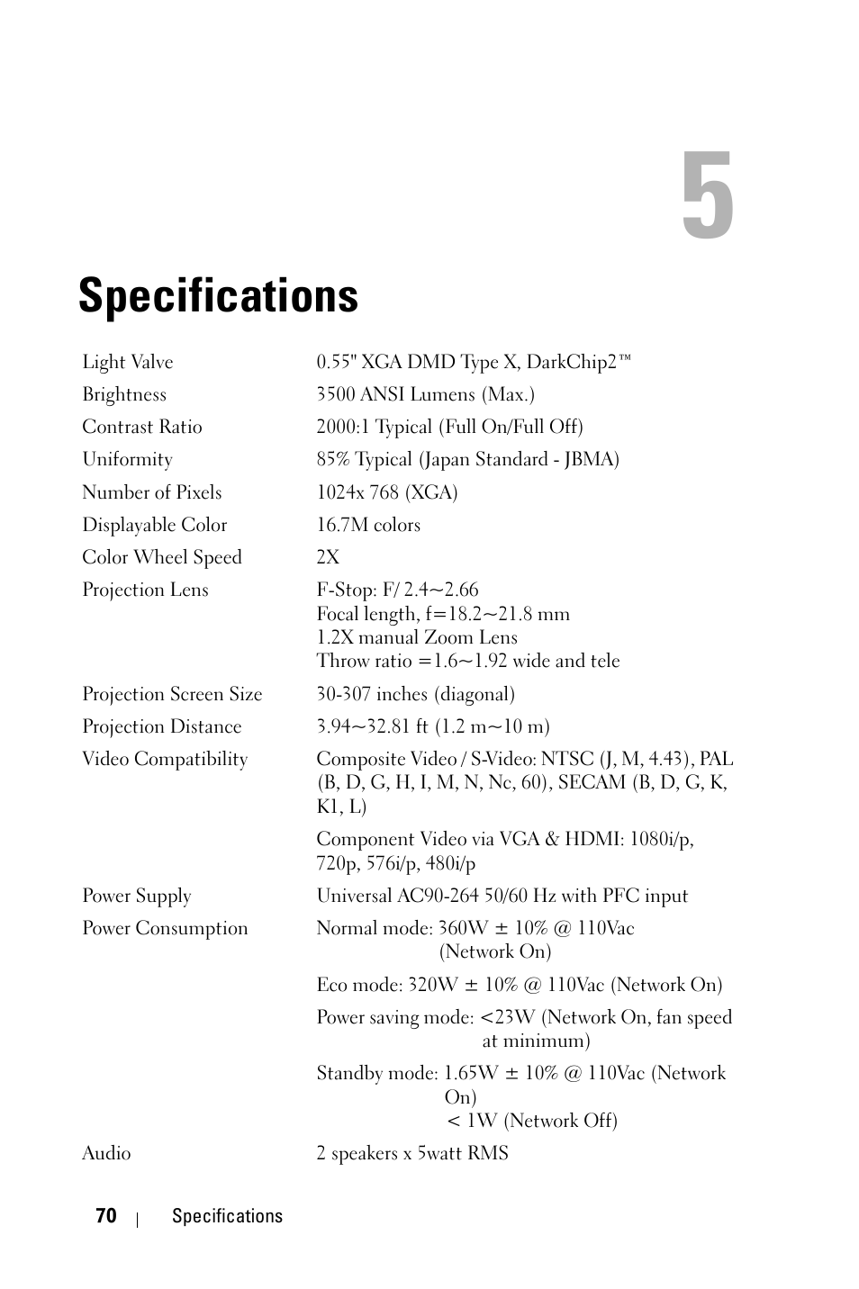 Specifications | Dell 4210X Projector User Manual | Page 70 / 81