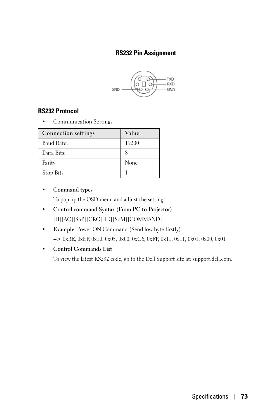 Rs232 pin assignment, Rs232 protocol | Dell 4210X Projector User Manual | Page 73 / 81