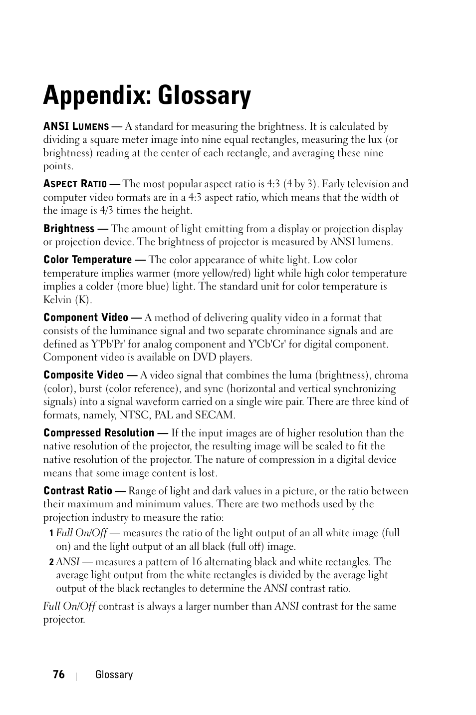 Appendix: glossary, Appendix, Glossary | Dell 4210X Projector User Manual | Page 76 / 81