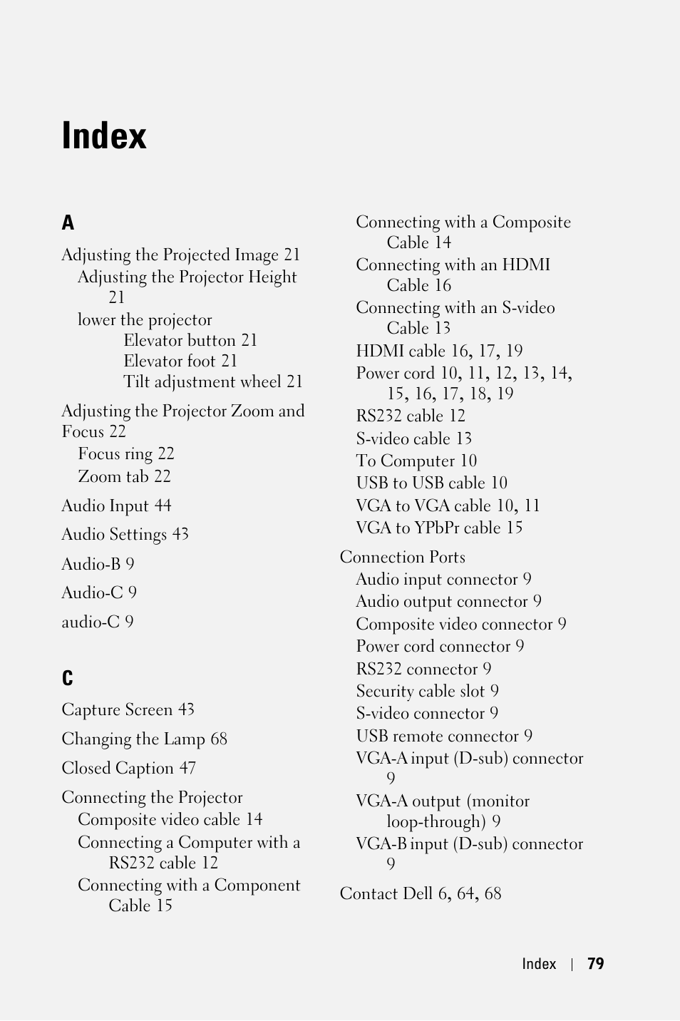 Index | Dell 4210X Projector User Manual | Page 79 / 81