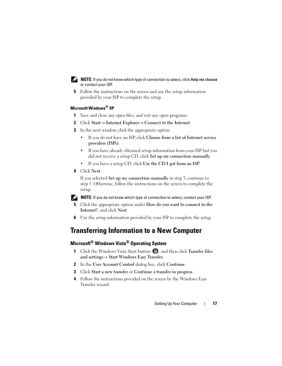 Transferring information to a new computer, Microsoft® windows vista® operating system, Microsoft | Dell Vostro 220 (Late 2008) User Manual | Page 17 / 76