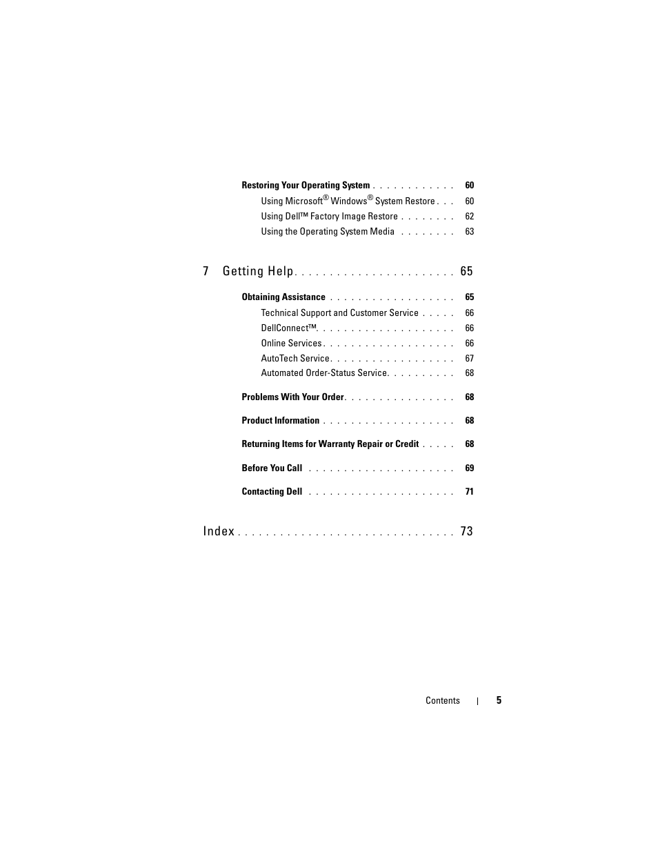 7getting help, Index | Dell Vostro 220 (Late 2008) User Manual | Page 5 / 76