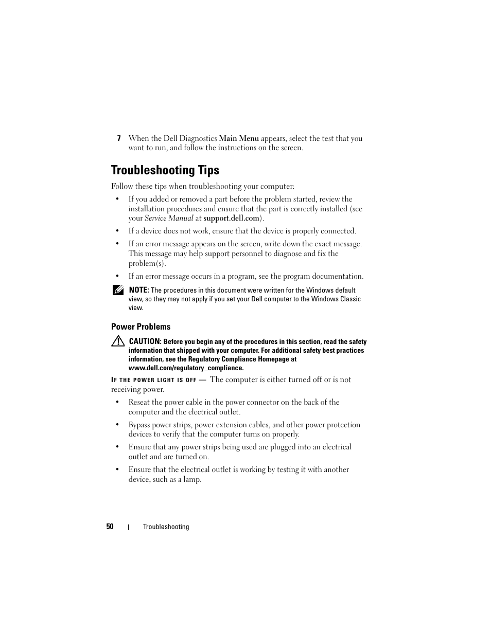 Troubleshooting tips, Power problems | Dell Vostro 220 (Late 2008) User Manual | Page 50 / 76