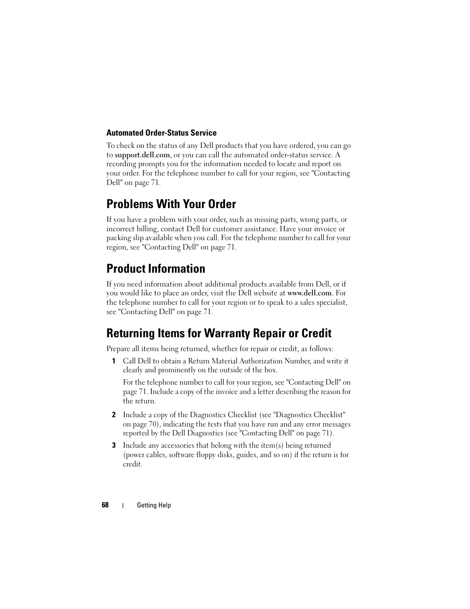 Automated order-status service, Problems with your order, Product information | Returning items for warranty repair or credit | Dell Vostro 220 (Late 2008) User Manual | Page 68 / 76