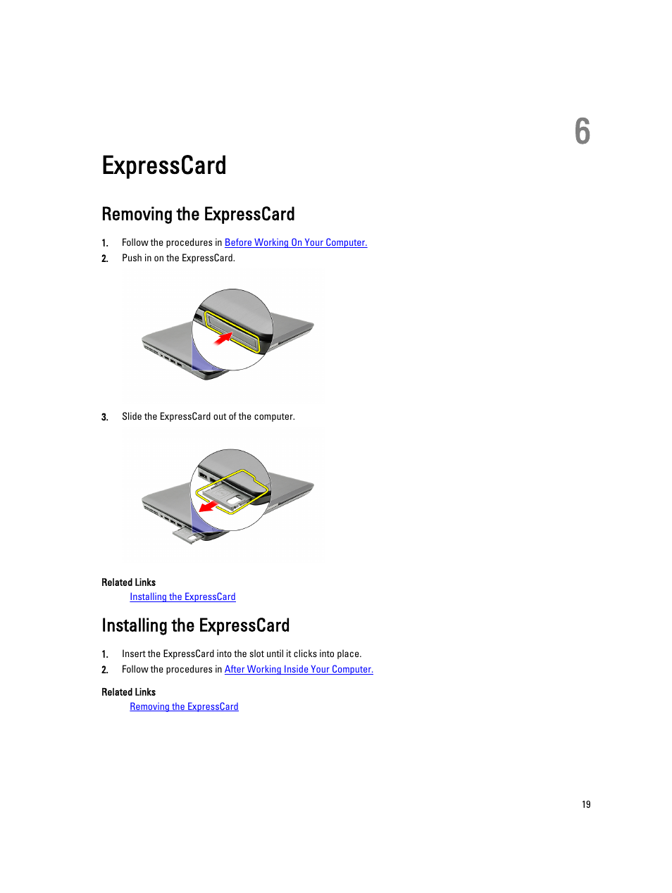 Expresscard, Removing the expresscard, Installing the expresscard | 6 expresscard | Dell Latitude E5520M (Early 2011) User Manual | Page 19 / 111