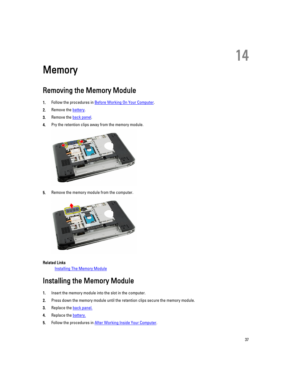 Memory, Removing the memory module, Installing the memory module | 14 memory | Dell Latitude E5520M (Early 2011) User Manual | Page 37 / 111
