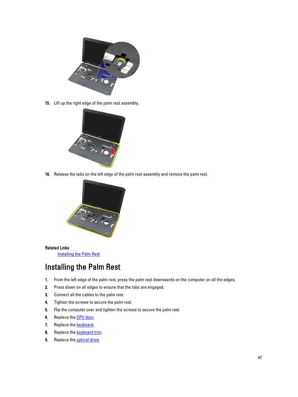 Installing the palm rest | Dell Latitude E5520M (Early 2011) User Manual | Page 47 / 111