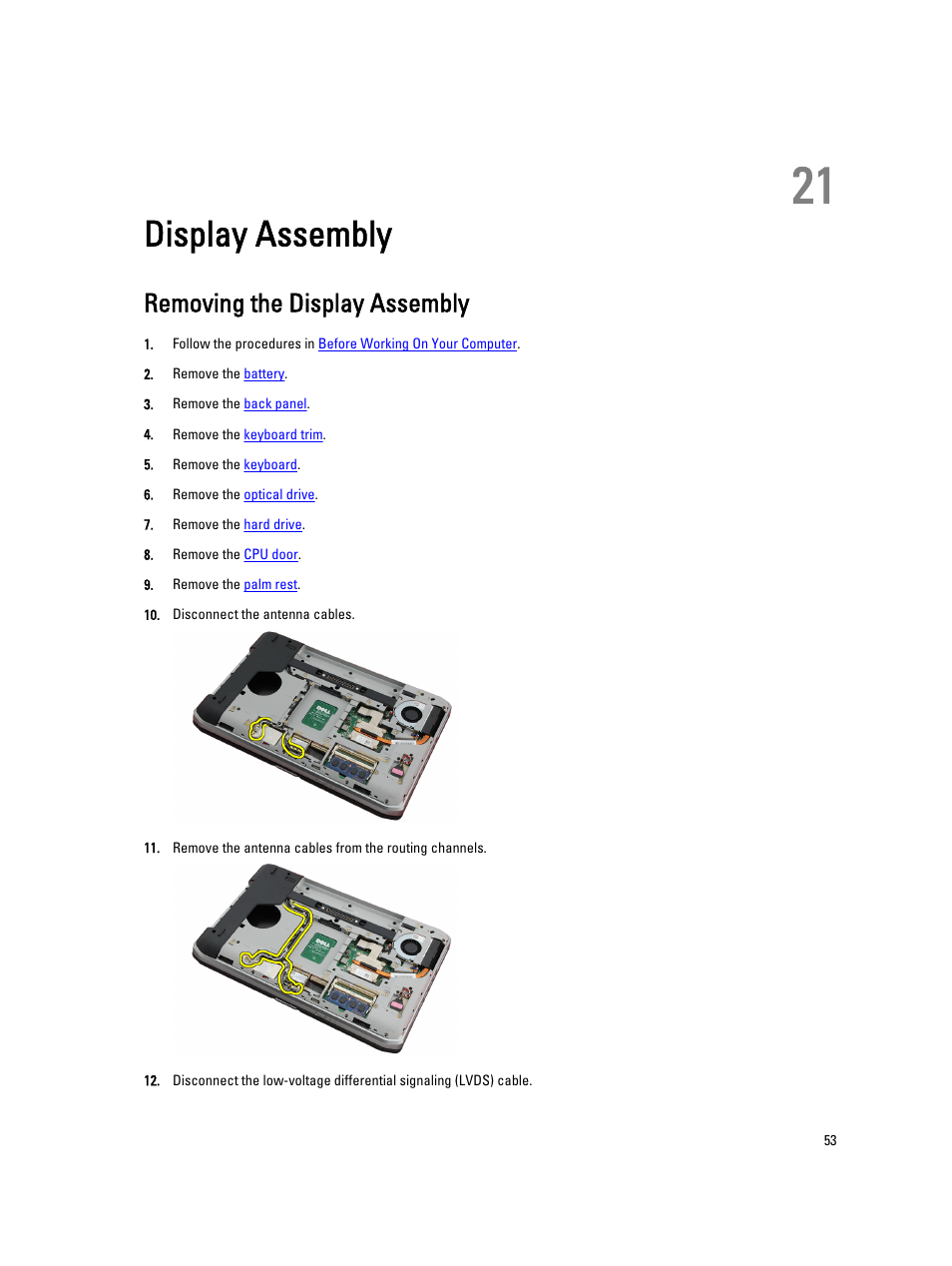 Display assembly, Removing the display assembly, 21 display assembly | Dell Latitude E5520M (Early 2011) User Manual | Page 53 / 111