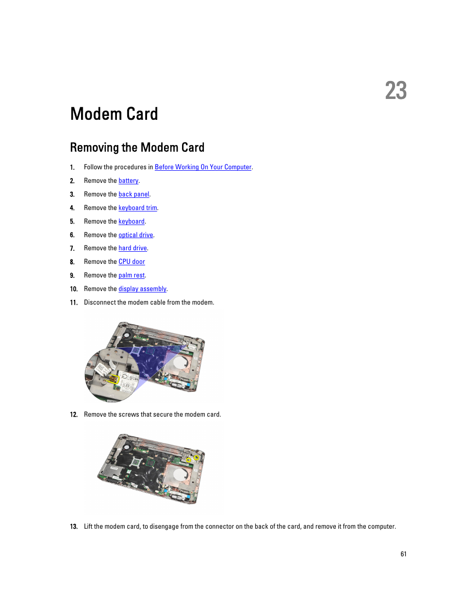 Modem card, Removing the modem card, 23 modem card | Dell Latitude E5520M (Early 2011) User Manual | Page 61 / 111