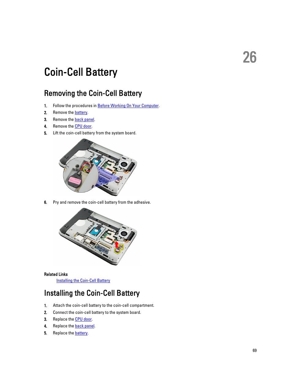 Coin-cell battery, Removing the coin-cell battery, Installing the coin-cell battery | 26 coin-cell battery | Dell Latitude E5520M (Early 2011) User Manual | Page 69 / 111