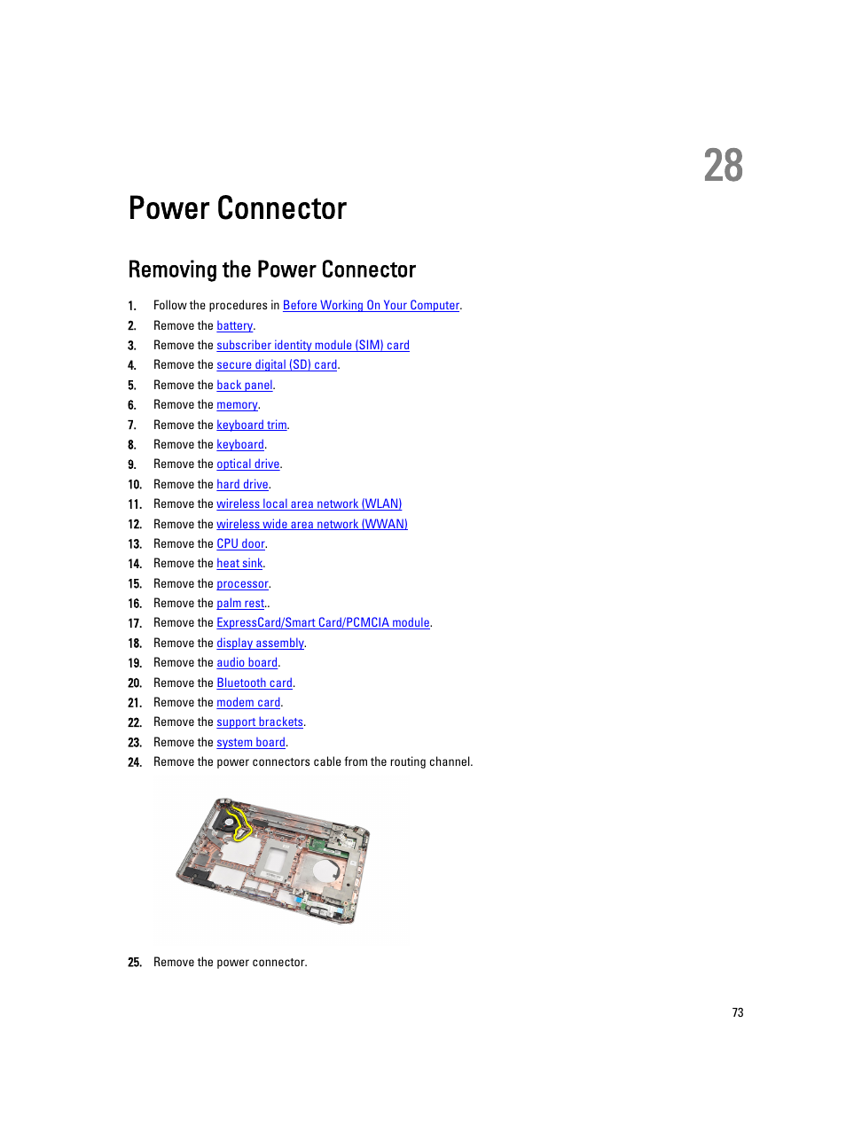 Power connector, Removing the power connector, 28 power connector | Dell Latitude E5520M (Early 2011) User Manual | Page 73 / 111