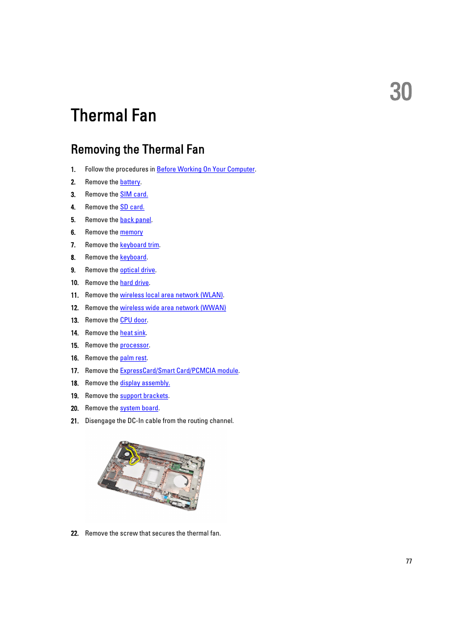 Thermal fan, Removing the thermal fan, 30 thermal fan | Dell Latitude E5520M (Early 2011) User Manual | Page 77 / 111