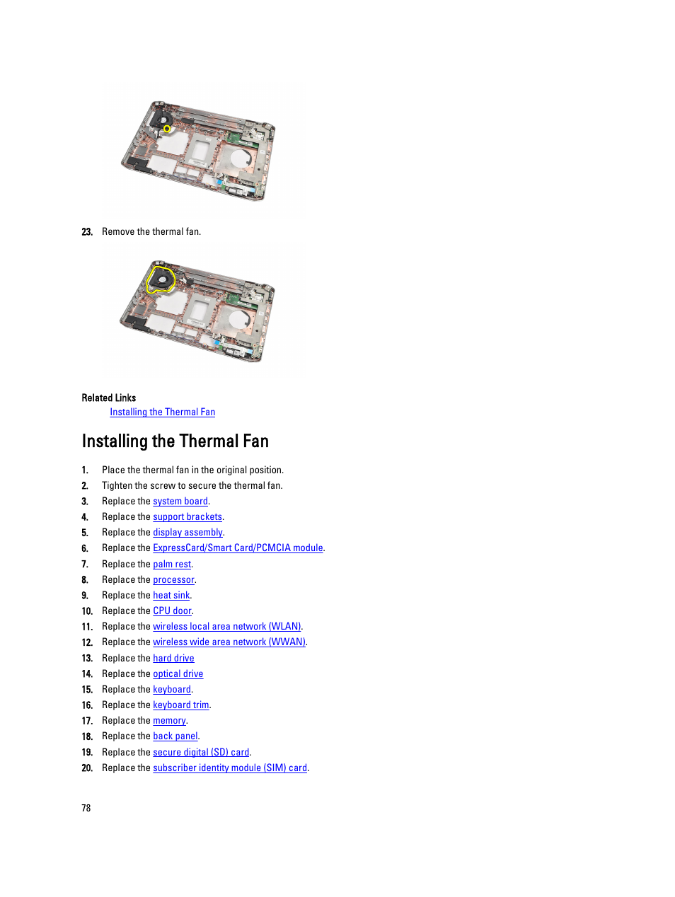 Installing the thermal fan | Dell Latitude E5520M (Early 2011) User Manual | Page 78 / 111