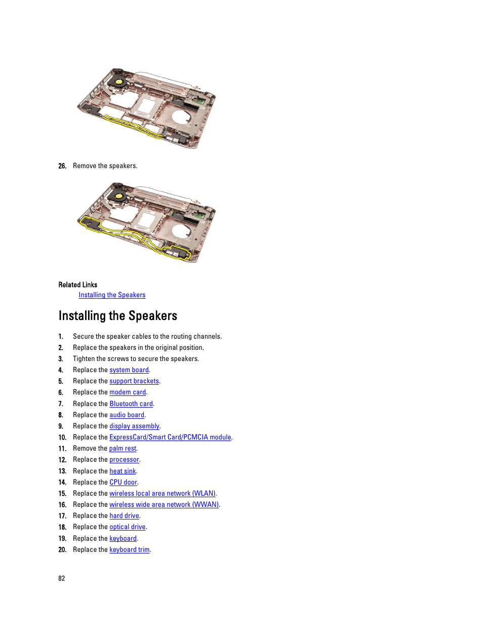 Installing the speakers | Dell Latitude E5520M (Early 2011) User Manual | Page 82 / 111