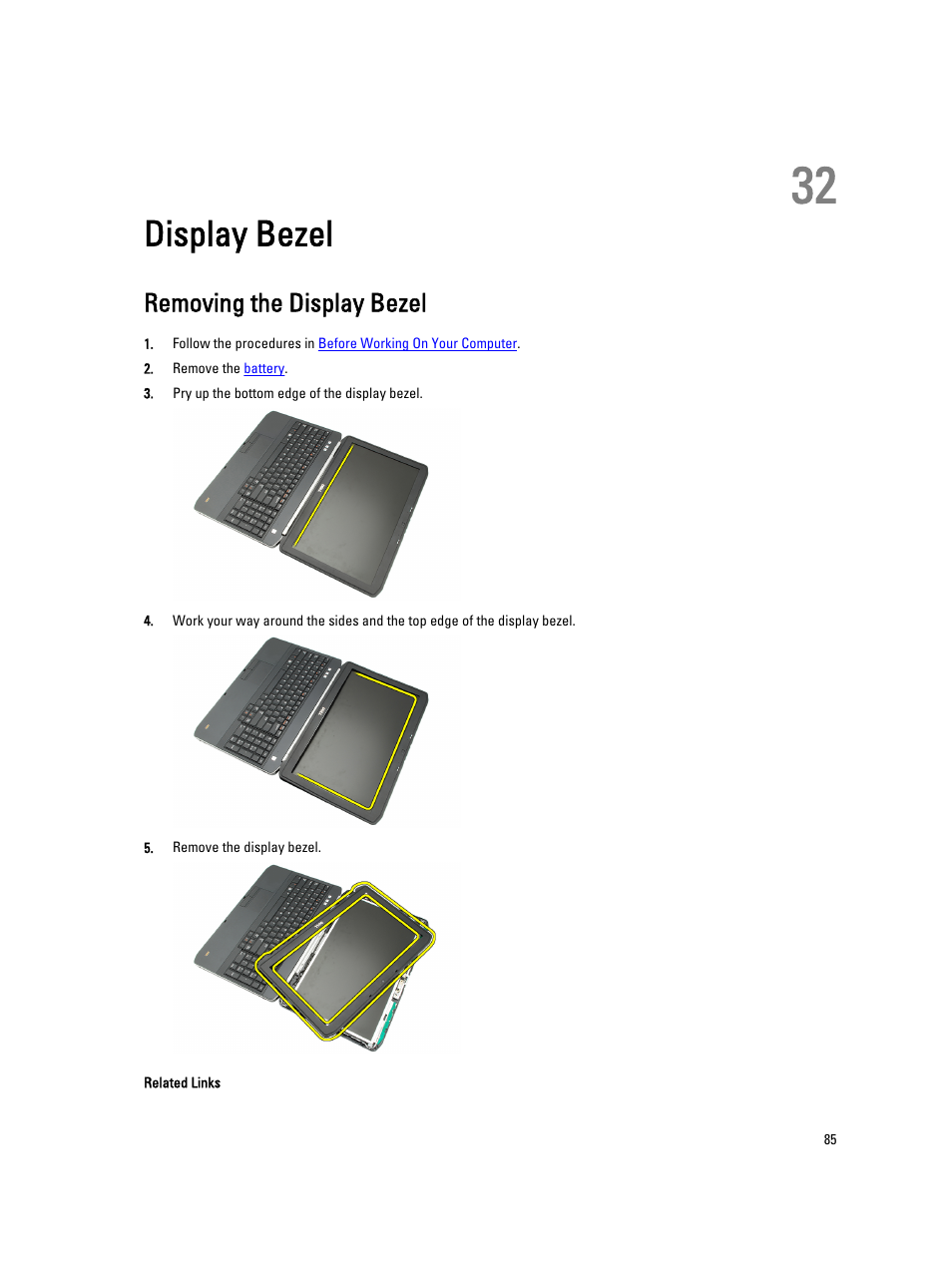 Display bezel, Removing the display bezel, 32 display bezel | Dell Latitude E5520M (Early 2011) User Manual | Page 85 / 111