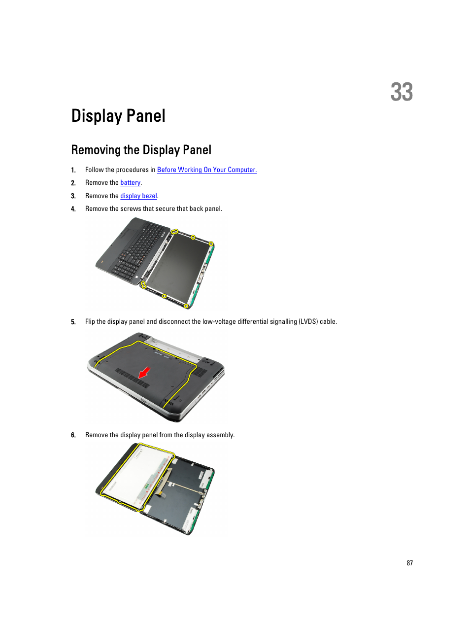 Display panel, Removing the display panel, 33 display panel | Dell Latitude E5520M (Early 2011) User Manual | Page 87 / 111