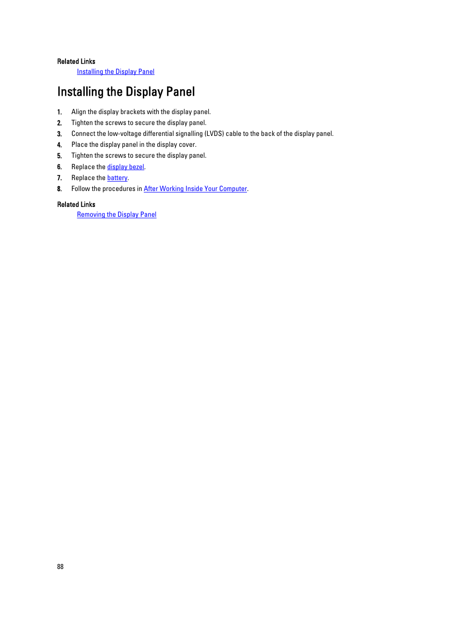 Installing the display panel | Dell Latitude E5520M (Early 2011) User Manual | Page 88 / 111