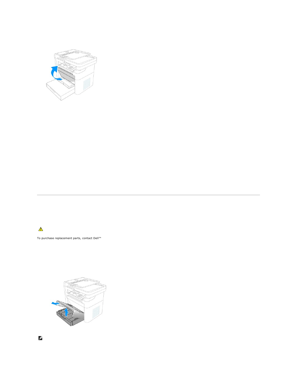 Replacement parts, Resetting the drum counter, Replacing the paper tray | Dell 1125 Mono Laser MFP User Manual | Page 30 / 111