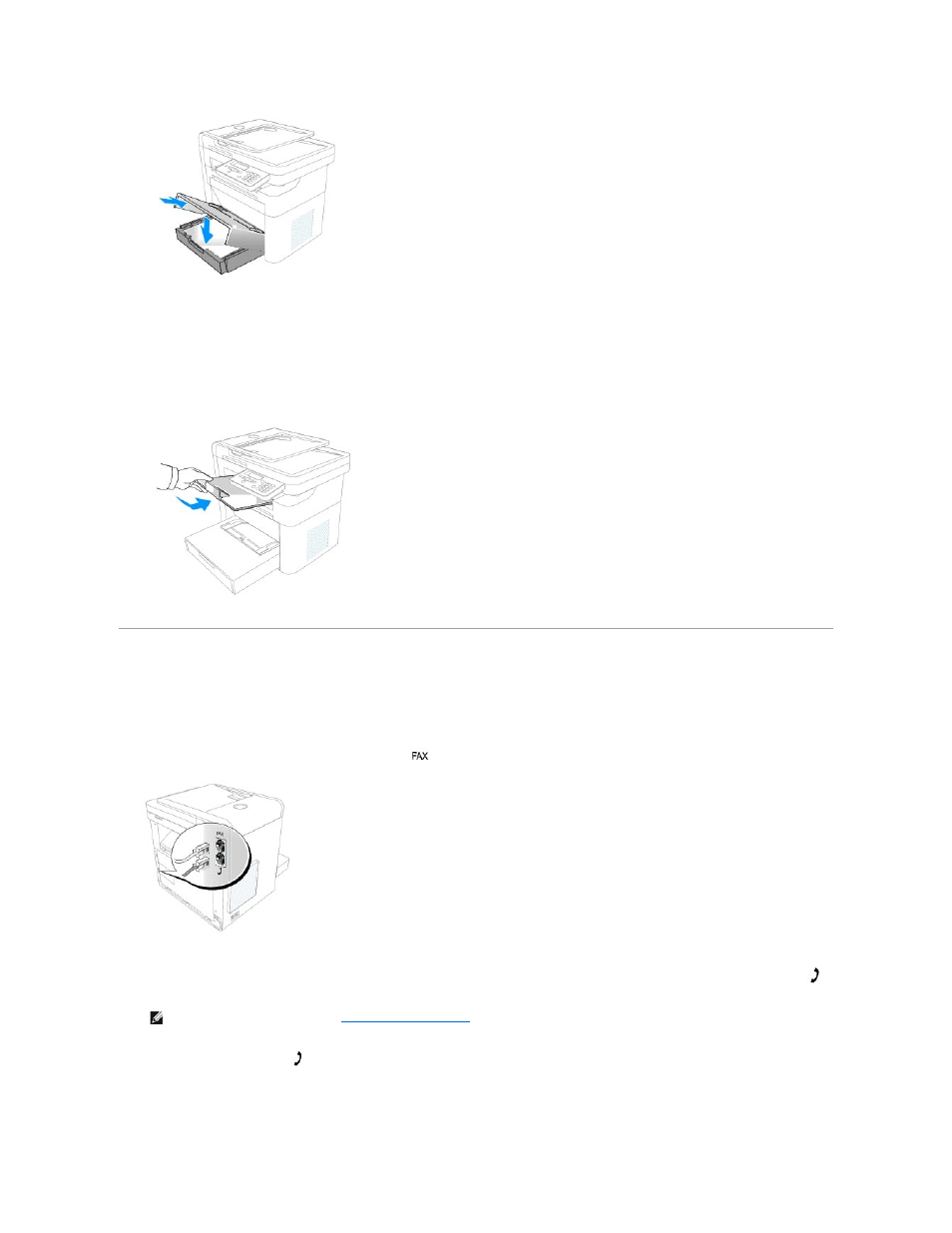 Connecting your printer, Paper output tray installation, Connecting the telephone and fax lines | Dell 1125 Mono Laser MFP User Manual | Page 34 / 111