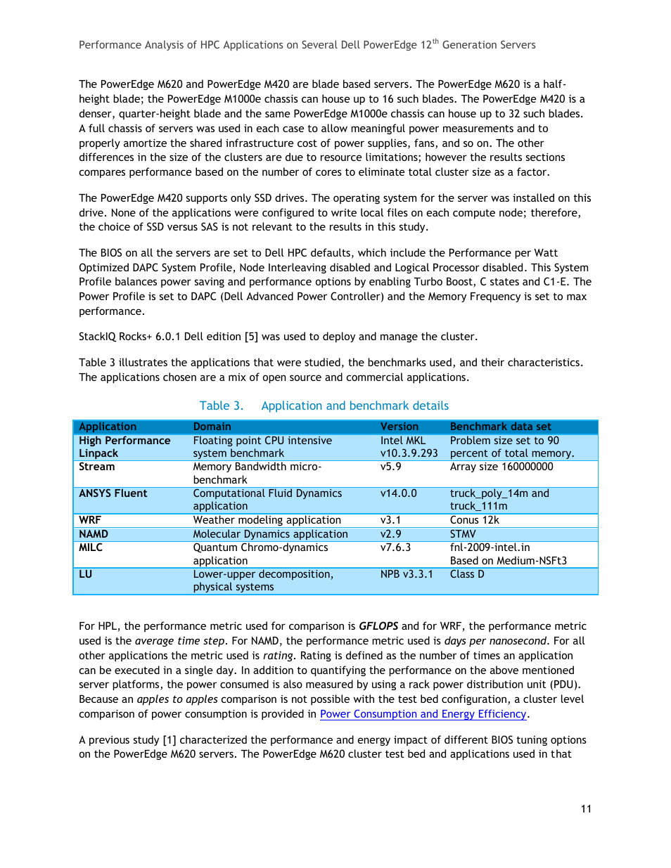 Table 3, Application and benchmark details | Dell PowerEdge R820 User Manual | Page 11 / 25
