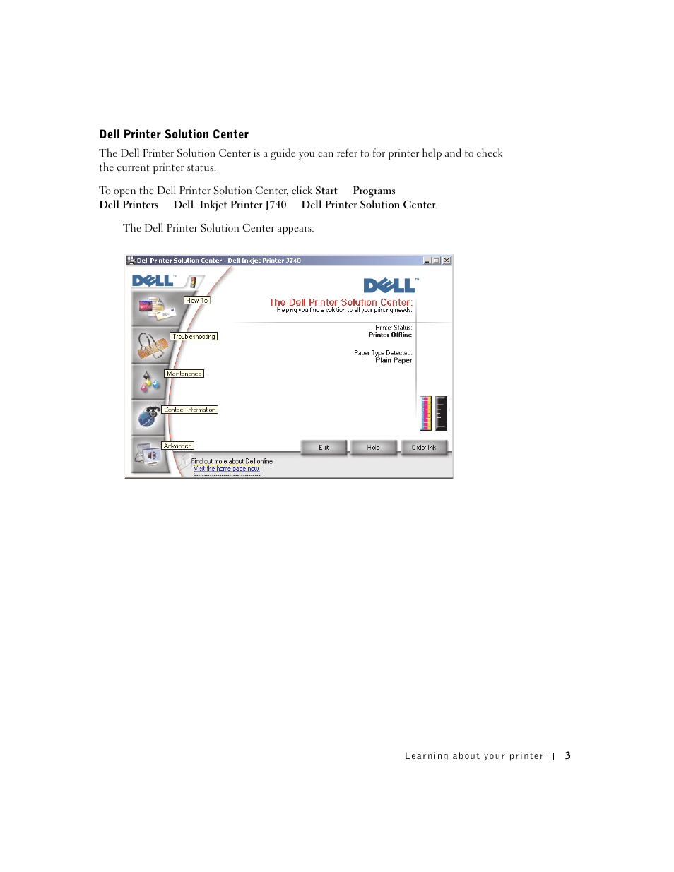 Dell printer solution center | Dell J740 Personal Inkjet Printer User Manual | Page 13 / 68