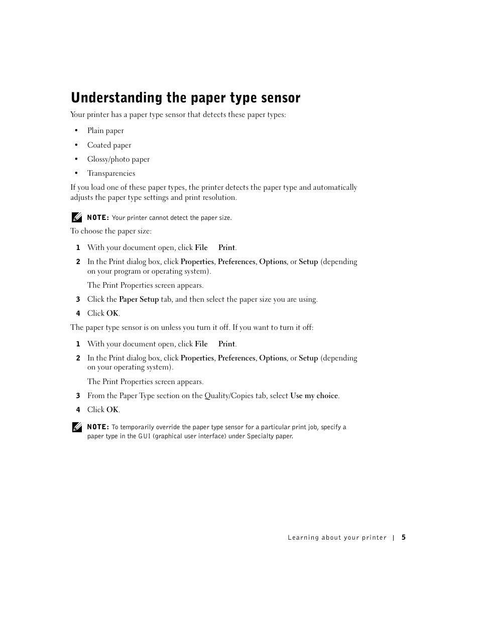 Understanding the paper type sensor | Dell J740 Personal Inkjet Printer User Manual | Page 15 / 68