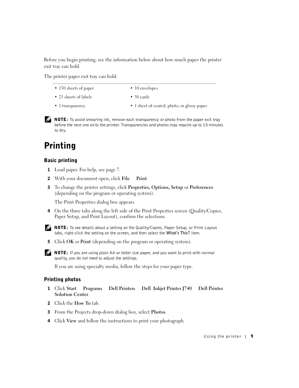 Printing, Basic printing, Printing photos | Dell J740 Personal Inkjet Printer User Manual | Page 19 / 68