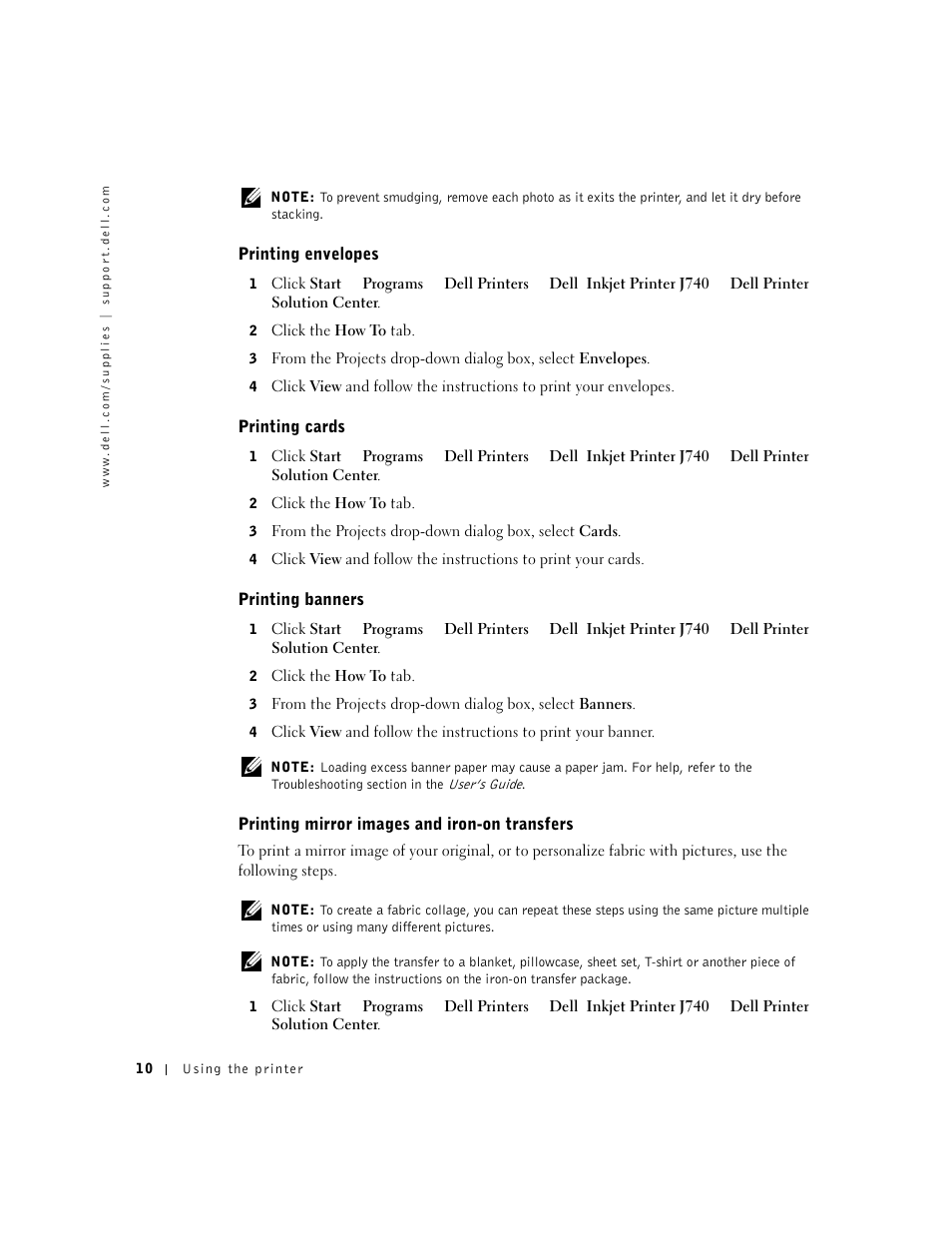 Printing envelopes, Printing cards, Printing banners | Printing mirror images and iron-on transfers | Dell J740 Personal Inkjet Printer User Manual | Page 20 / 68