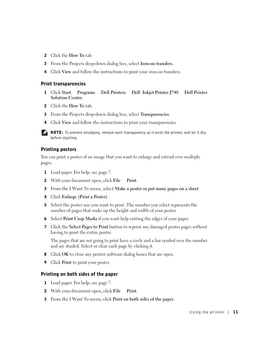 Print transparencies, Printing posters, Printing on both sides of the paper | Dell J740 Personal Inkjet Printer User Manual | Page 21 / 68