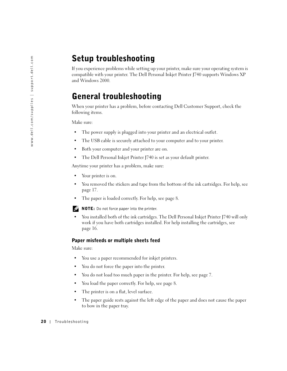 General troubleshooting, Setup troubleshooting, Paper misfeeds or multiple sheets feed | Dell J740 Personal Inkjet Printer User Manual | Page 30 / 68