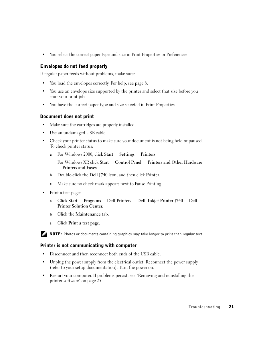 Envelopes do not feed properly, Document does not print, Printer is not communicating with computer | Dell J740 Personal Inkjet Printer User Manual | Page 31 / 68