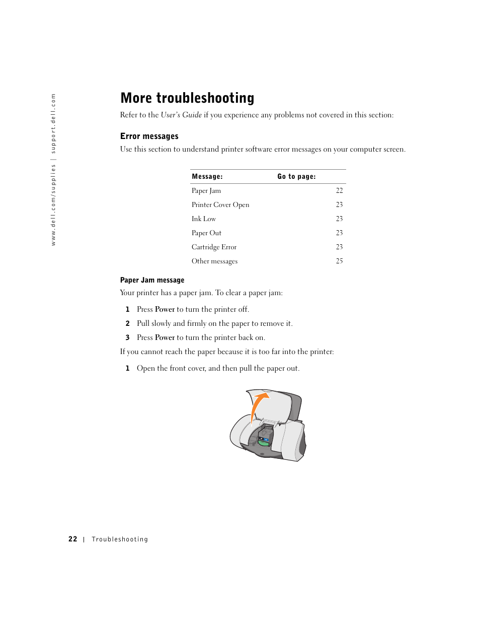 More troubleshooting, Error messages | Dell J740 Personal Inkjet Printer User Manual | Page 32 / 68