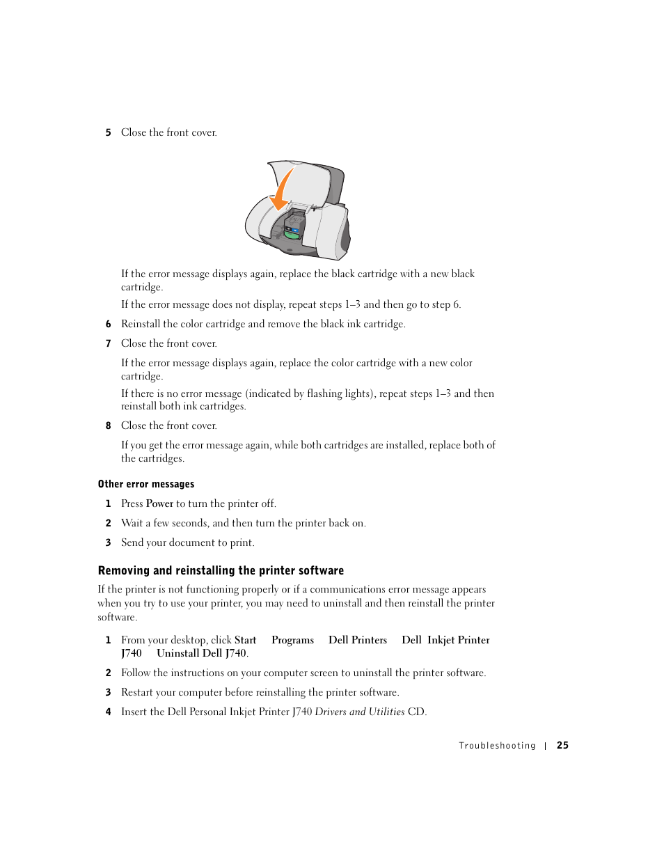 Removing and reinstalling the printer software | Dell J740 Personal Inkjet Printer User Manual | Page 35 / 68