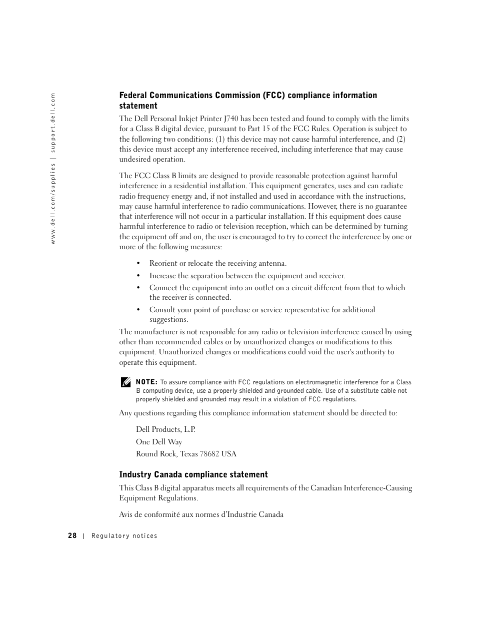 Federal communications commission (fcc) compliance, Information statement, Industry canada compliance statement | Dell J740 Personal Inkjet Printer User Manual | Page 38 / 68