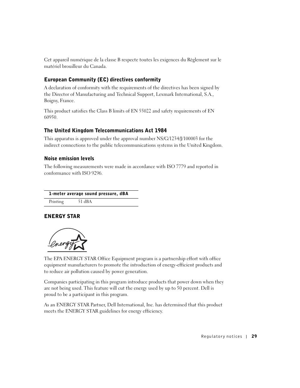 European community (ec) directives conformity, The united kingdom telecommunications act 1984, Energy star | Dell J740 Personal Inkjet Printer User Manual | Page 39 / 68