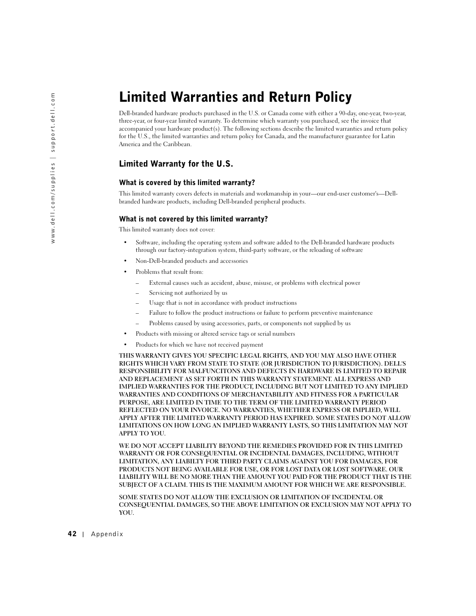 Limited warranties and return policy, Limited warranty for the u.s | Dell J740 Personal Inkjet Printer User Manual | Page 52 / 68