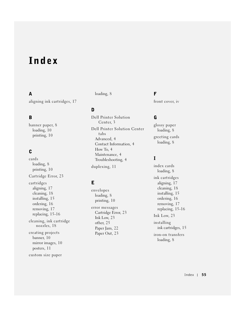 Index | Dell J740 Personal Inkjet Printer User Manual | Page 65 / 68