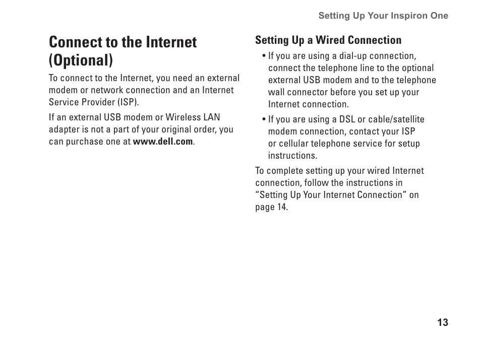 Connect to the internet (optional) | Dell Inspiron One 19 (Mid 2009) User Manual | Page 15 / 80