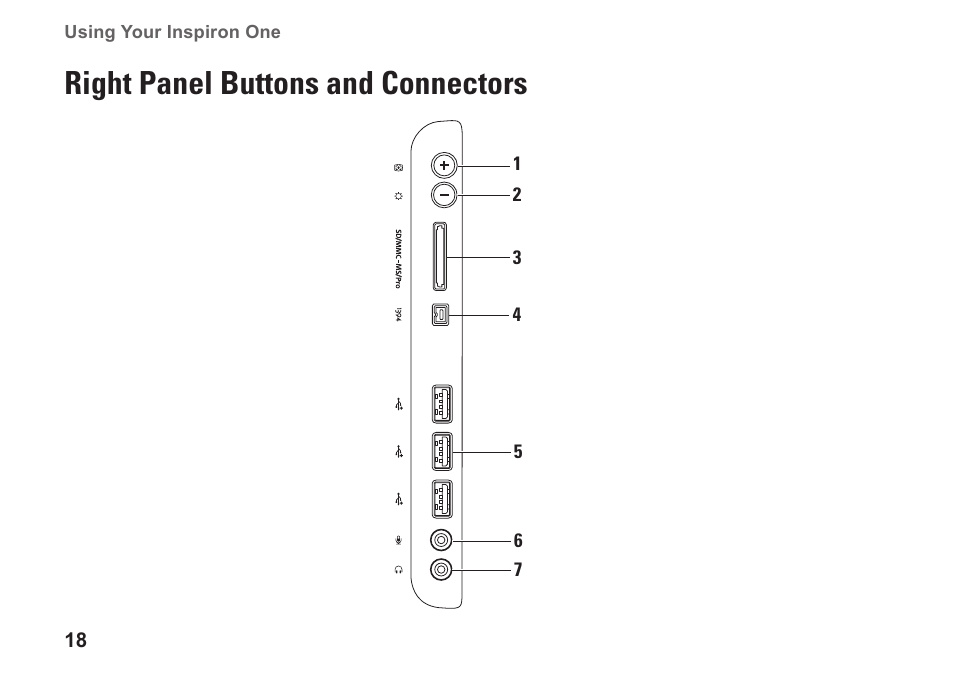 Right panel buttons and connectors | Dell Inspiron One 19 (Mid 2009) User Manual | Page 20 / 80