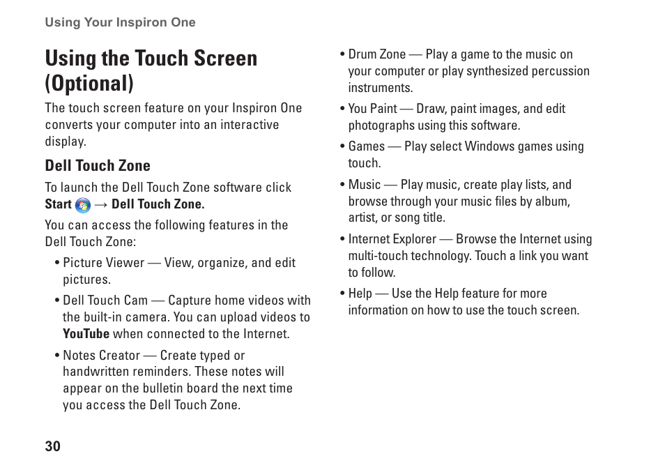 Using the touch screen (optional) | Dell Inspiron One 19 (Mid 2009) User Manual | Page 32 / 80